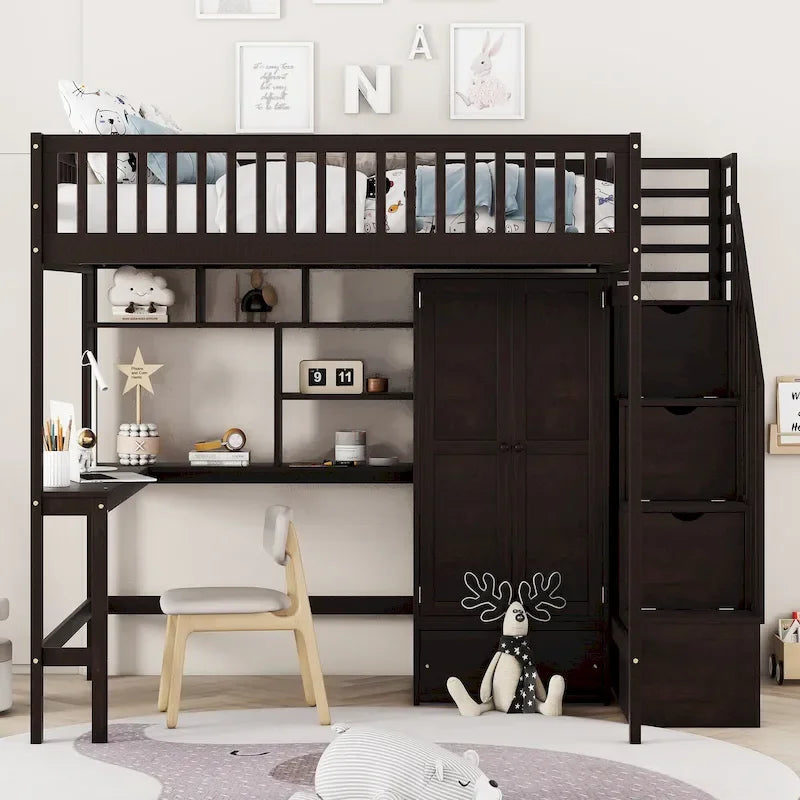 Cama alta de tamaño completo negra/gris/blanca con escritorio, estantería y almacenamiento - Individual