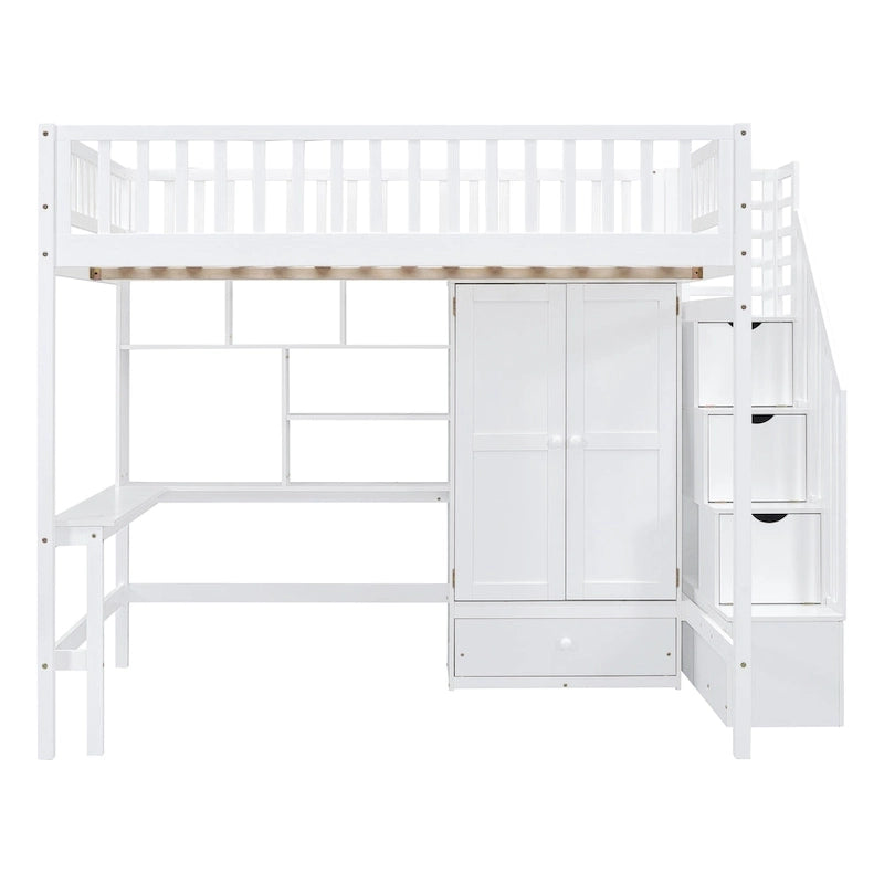 Cama alta de tamaño completo negra/gris/blanca con escritorio, estantería y almacenamiento - Individual