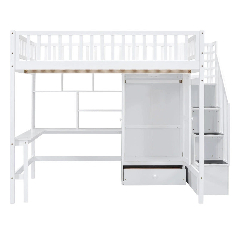 Cama alta de tamaño completo negra/gris/blanca con escritorio, estantería y almacenamiento - Individual