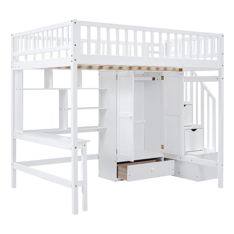 Cama alta de tamaño completo negra/gris/blanca con escritorio, estantería y almacenamiento - Individual