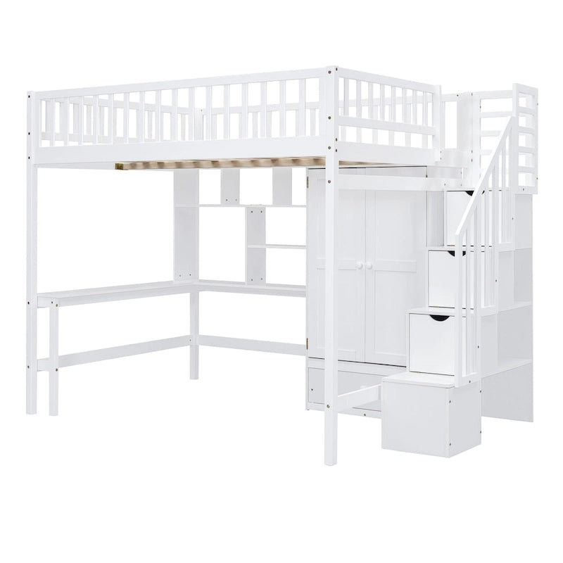 Cama alta de tamaño completo negra/gris/blanca con escritorio, estantería y almacenamiento - Individual