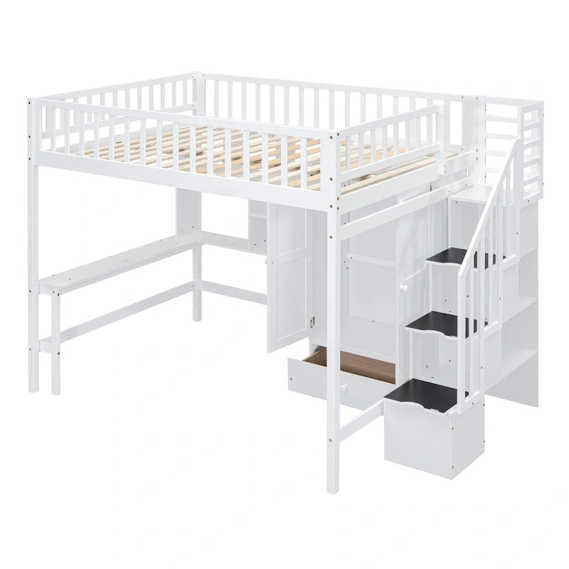Cama alta de tamaño completo negra/gris/blanca con escritorio, estantería y almacenamiento - Individual