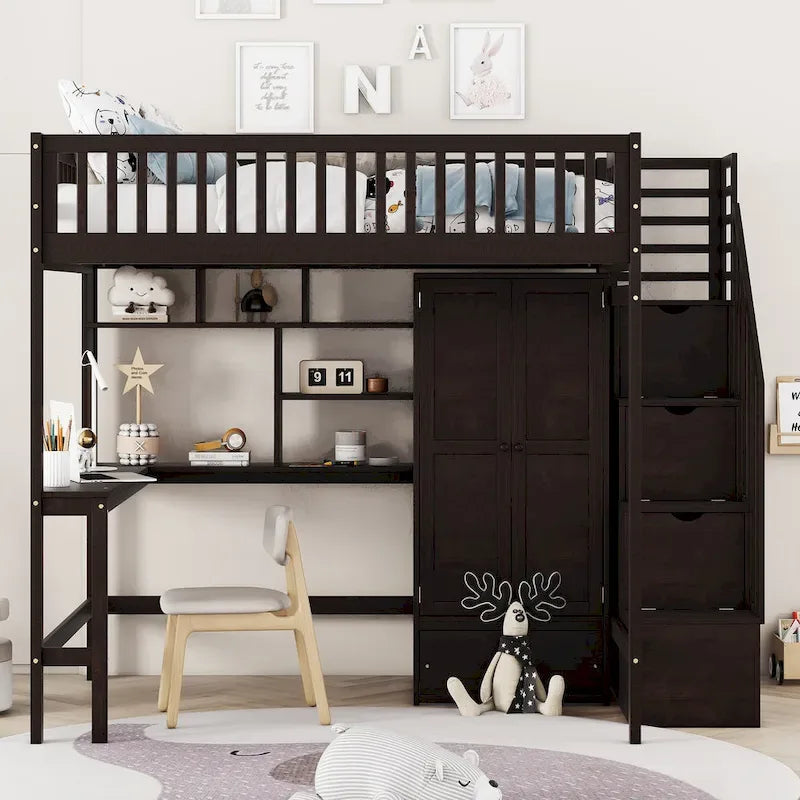 Cama alta de tamaño completo negra/gris/blanca con escritorio, estantería y almacenamiento - Individual