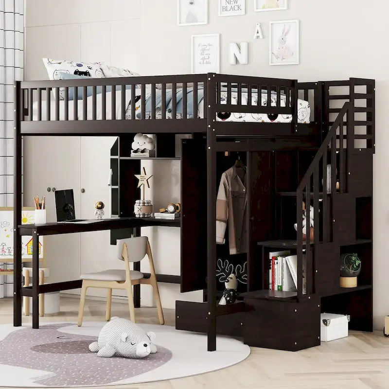 Cama alta de tamaño completo negra/gris/blanca con escritorio, estantería y almacenamiento - Individual