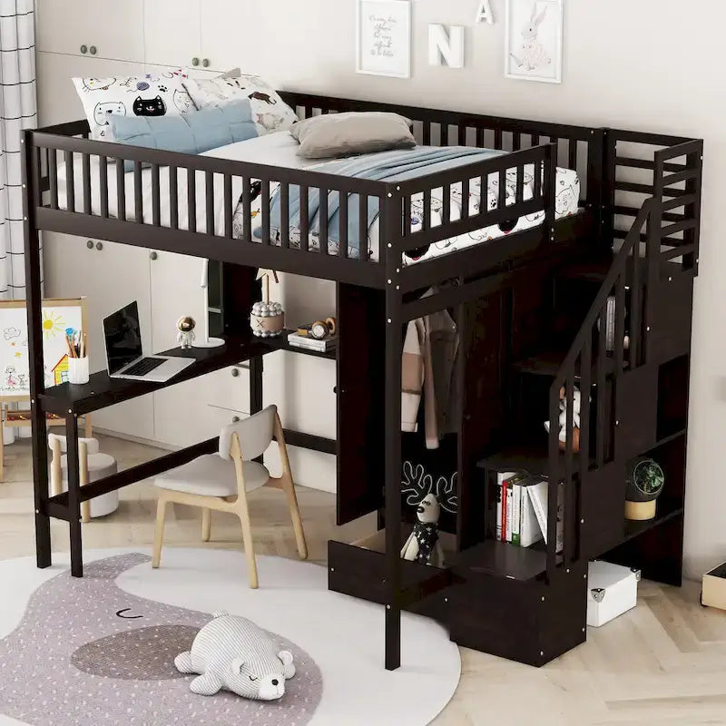 Cama alta de tamaño completo negra/gris/blanca con escritorio, estantería y almacenamiento - Individual