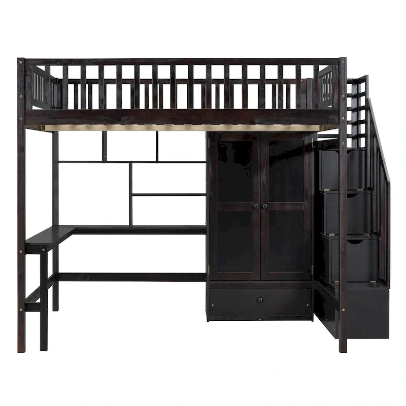 Cama alta de tamaño completo negra/gris/blanca con escritorio, estantería y almacenamiento - Individual