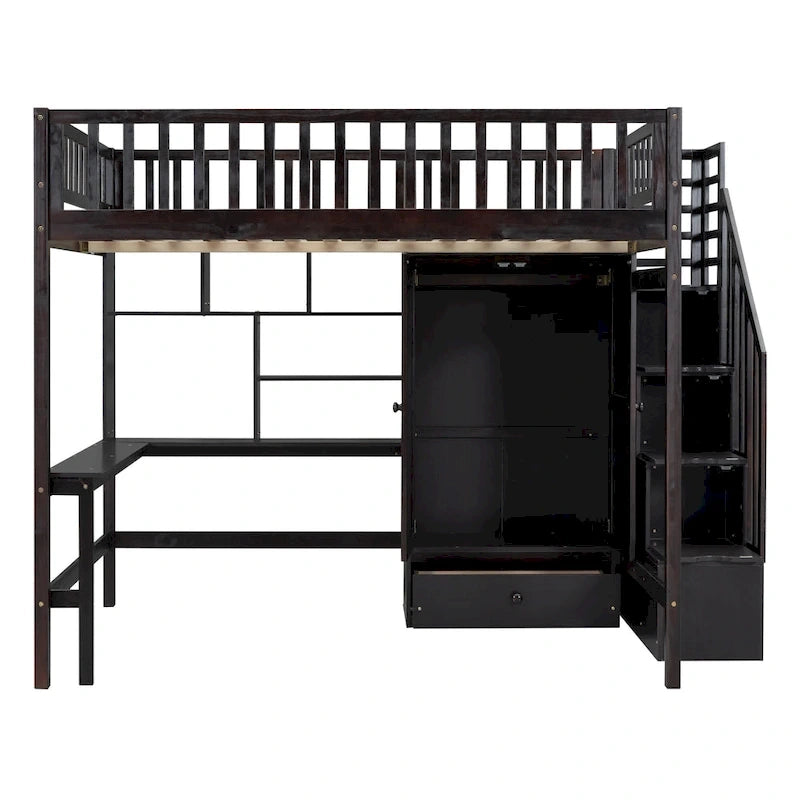 Cama alta de tamaño completo negra/gris/blanca con escritorio, estantería y almacenamiento - Individual