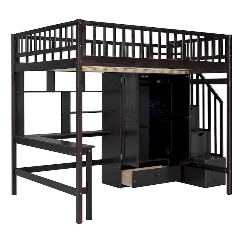 Cama alta de tamaño completo negra/gris/blanca con escritorio, estantería y almacenamiento - Individual