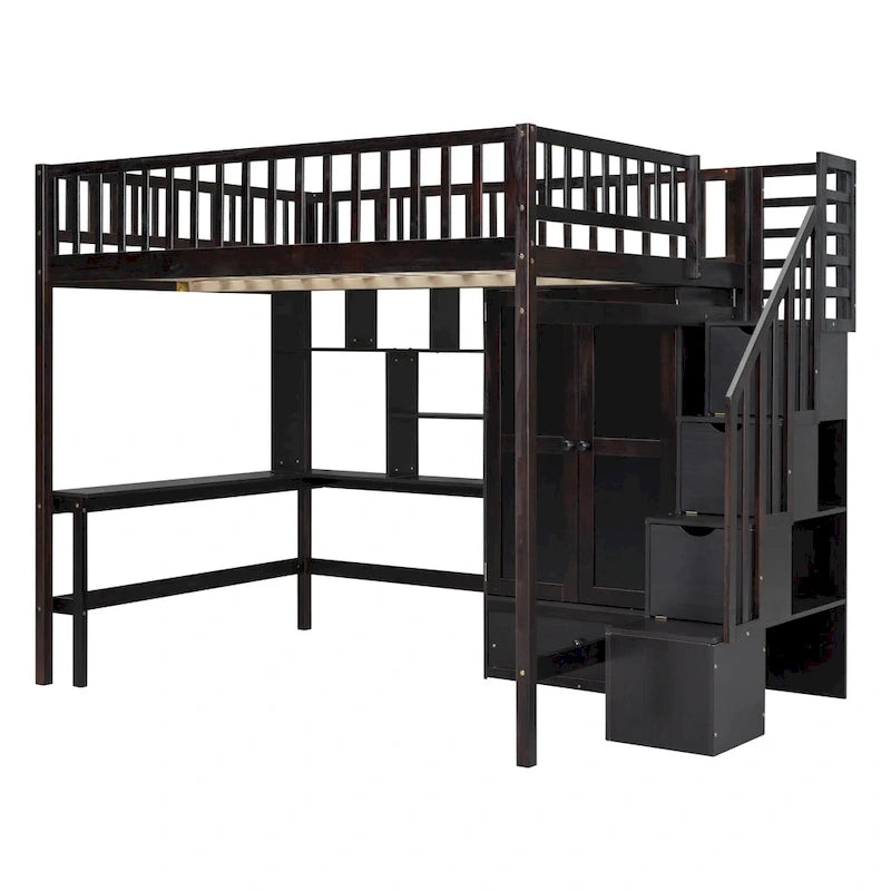 Cama alta de tamaño completo negra/gris/blanca con escritorio, estantería y almacenamiento - Individual