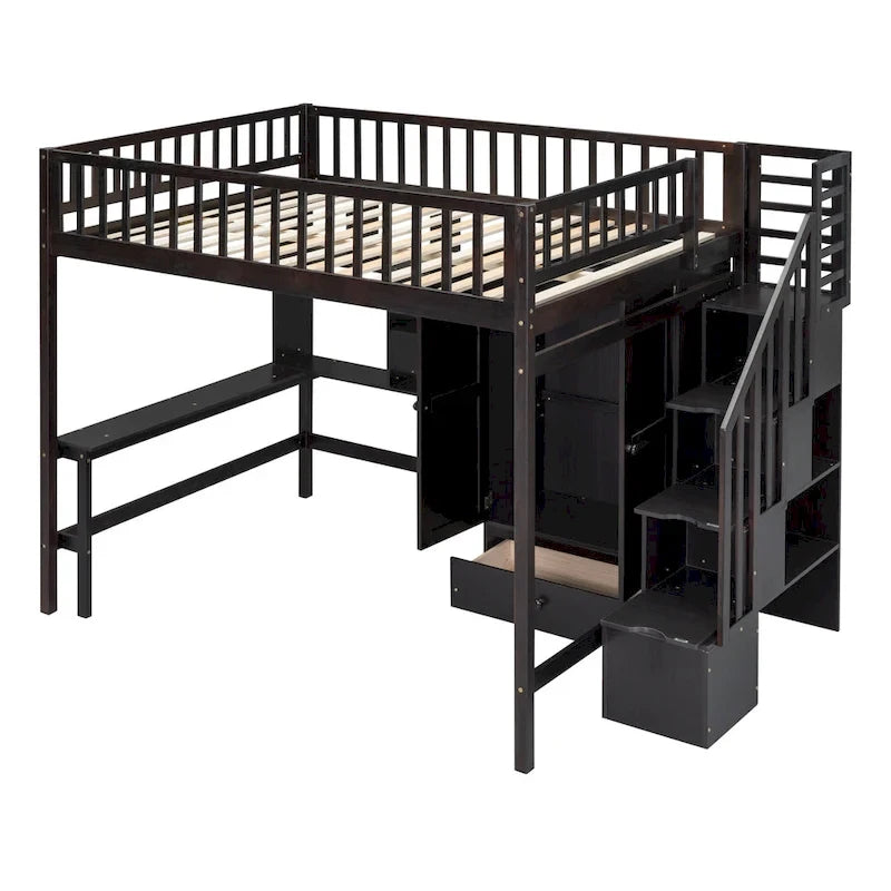 Cama alta de tamaño completo negra/gris/blanca con escritorio, estantería y almacenamiento - Individual