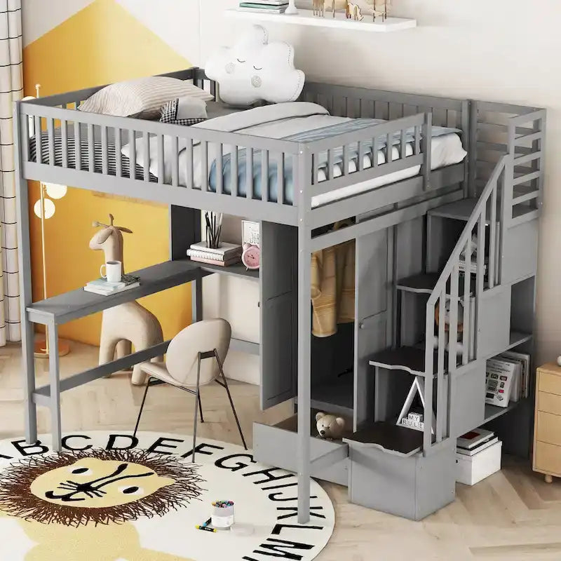 Cama alta de tamaño completo negra/gris/blanca con escritorio, estantería y almacenamiento - Individual