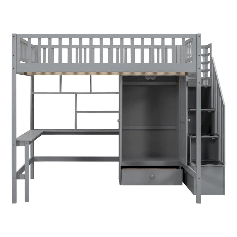 Cama alta de tamaño completo negra/gris/blanca con escritorio, estantería y almacenamiento - Individual