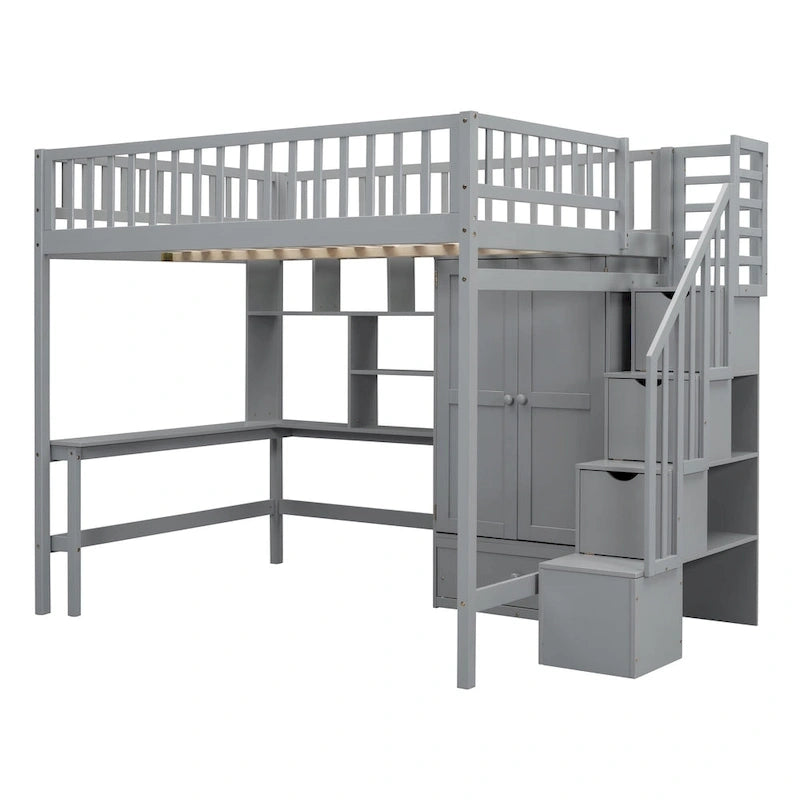 Cama alta de tamaño completo negra/gris/blanca con escritorio, estantería y almacenamiento - Individual