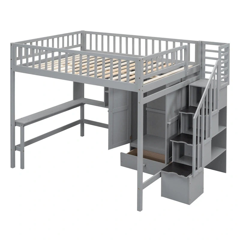 Cama alta de tamaño completo negra/gris/blanca con escritorio, estantería y almacenamiento - Individual