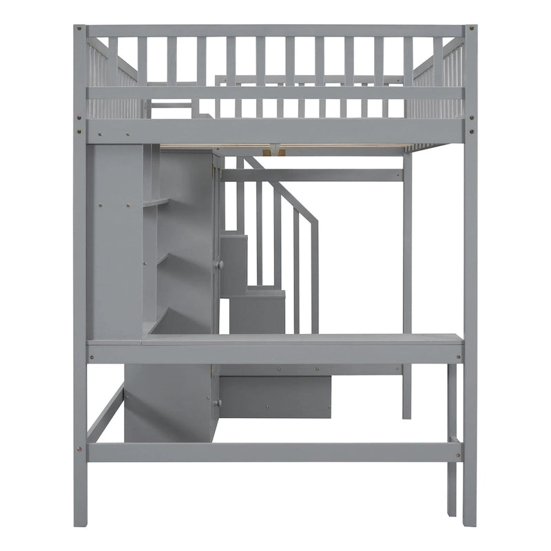 Cama alta de tamaño completo negra/gris/blanca con escritorio, estantería y almacenamiento - Individual