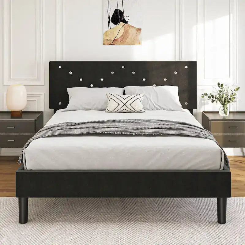 Cama Queen tapizada con plataforma y cabecero acolchado, 2 personas