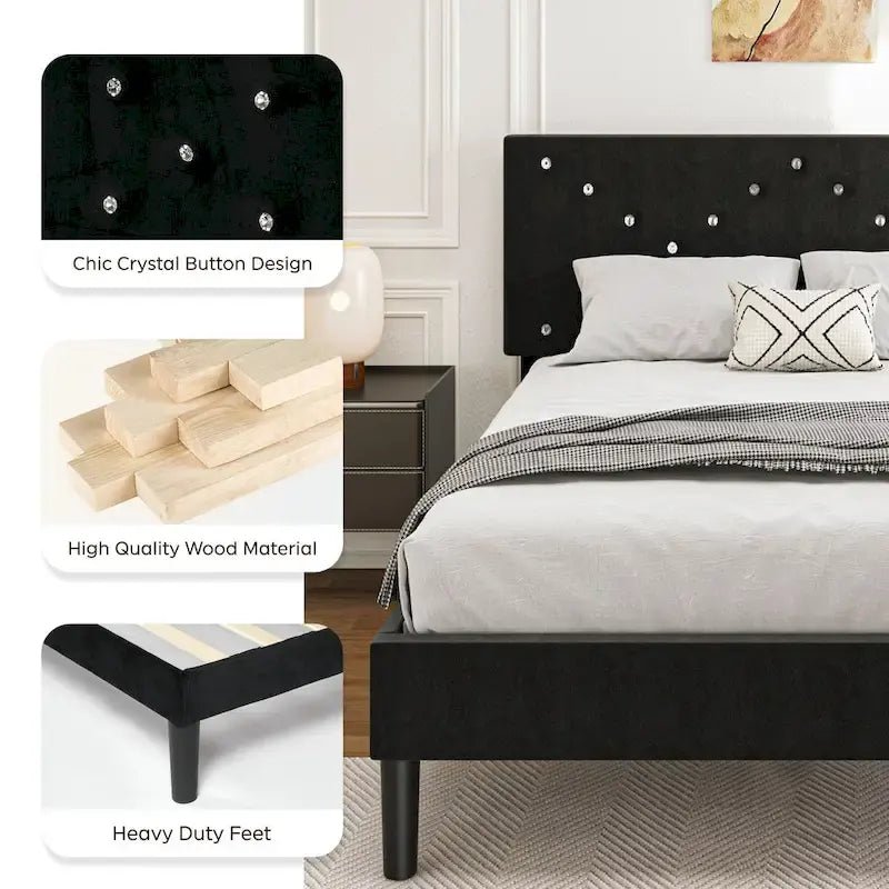 Cama Queen tapizada con plataforma y cabecero acolchado, 2 personas