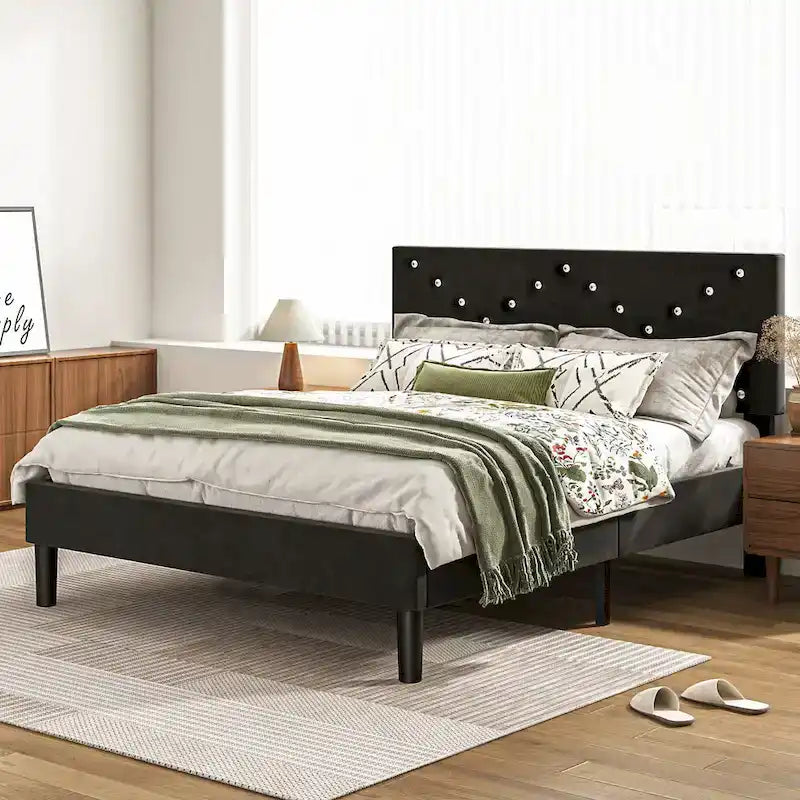 Cama Queen tapizada con plataforma y cabecero acolchado, 2 personas