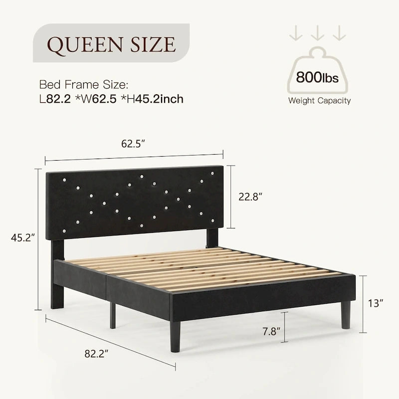 Cama Queen tapizada con plataforma y cabecero acolchado, 2 personas