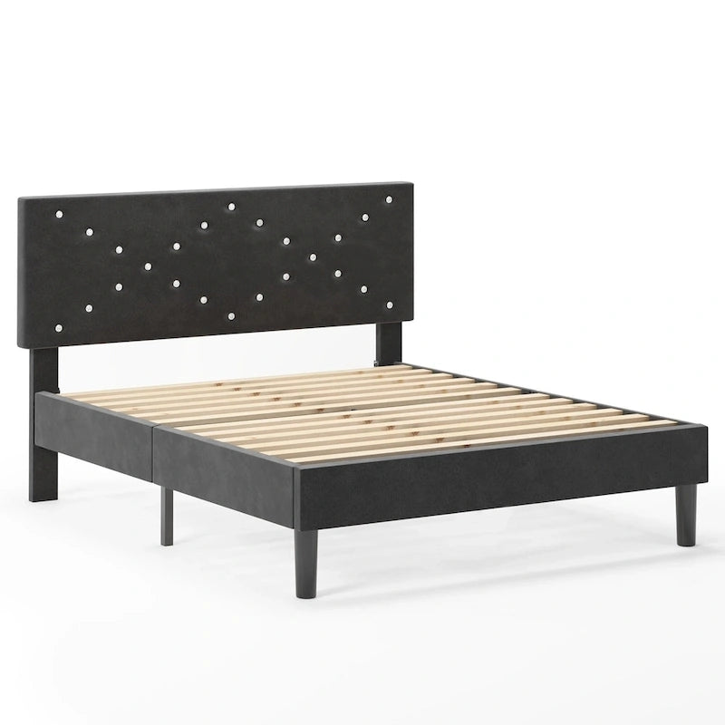 Cama Queen tapizada con plataforma y cabecero acolchado, 2 personas