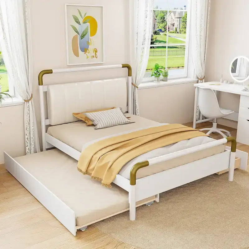 Cama Queen de plataforma con dosel blanco con cajones y nido doble, capacidad para 2 personas