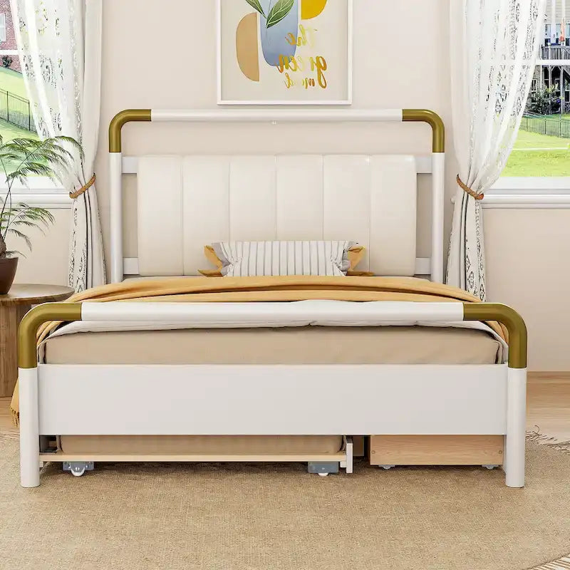 Cama Queen de plataforma con dosel blanco con cajones y nido doble, capacidad para 2 personas
