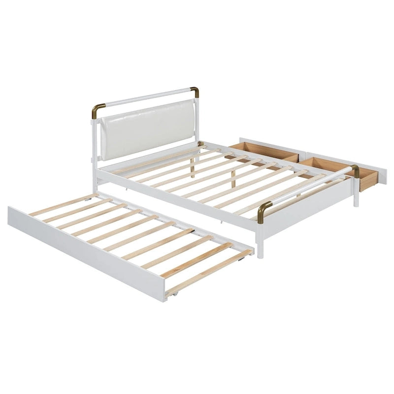 Cama Queen de plataforma con dosel blanco con cajones y nido doble, capacidad para 2 personas