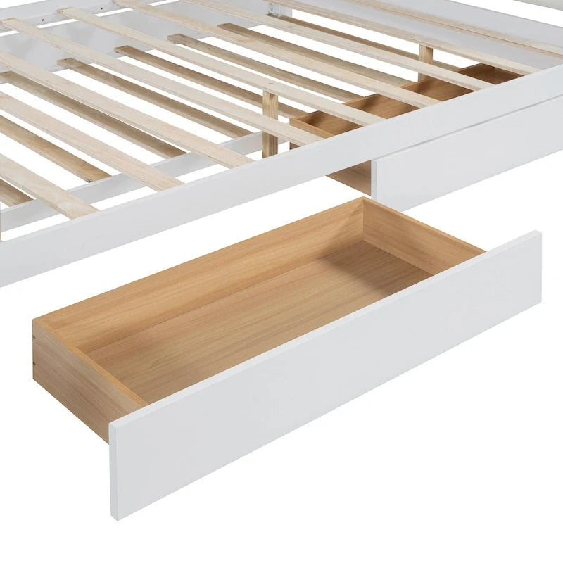 Cama Queen de plataforma con dosel blanco con cajones y nido doble, capacidad para 2 personas