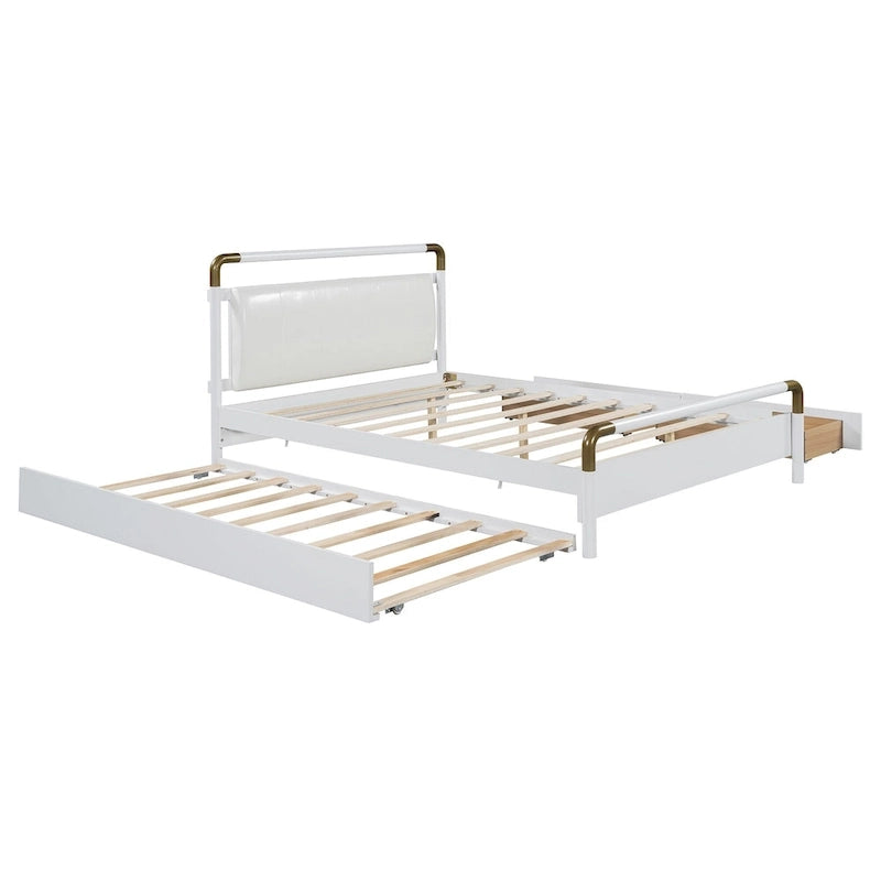 Cama Queen de plataforma con dosel blanco con cajones y nido doble, capacidad para 2 personas