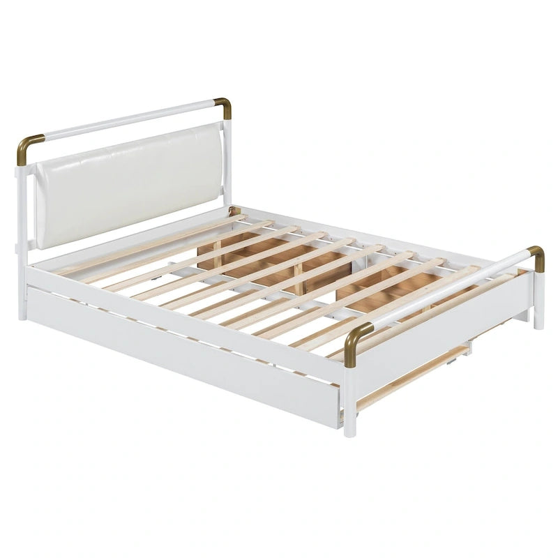 Cama Queen de plataforma con dosel blanco con cajones y nido doble, capacidad para 2 personas
