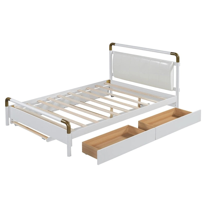 Cama Queen de plataforma con dosel blanco con cajones y nido doble, capacidad para 2 personas