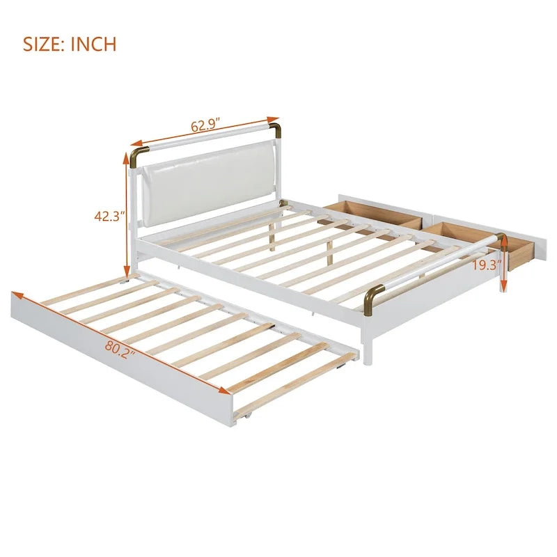 Cama Queen de plataforma con dosel blanco con cajones y nido doble, capacidad para 2 personas