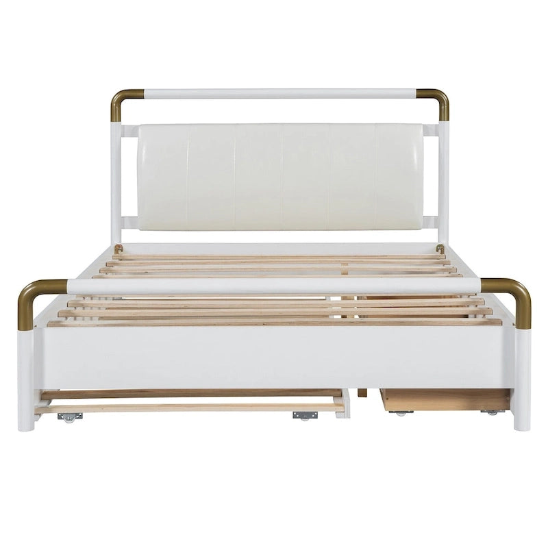 Cama Queen de plataforma con dosel blanco con cajones y nido doble, capacidad para 2 personas
