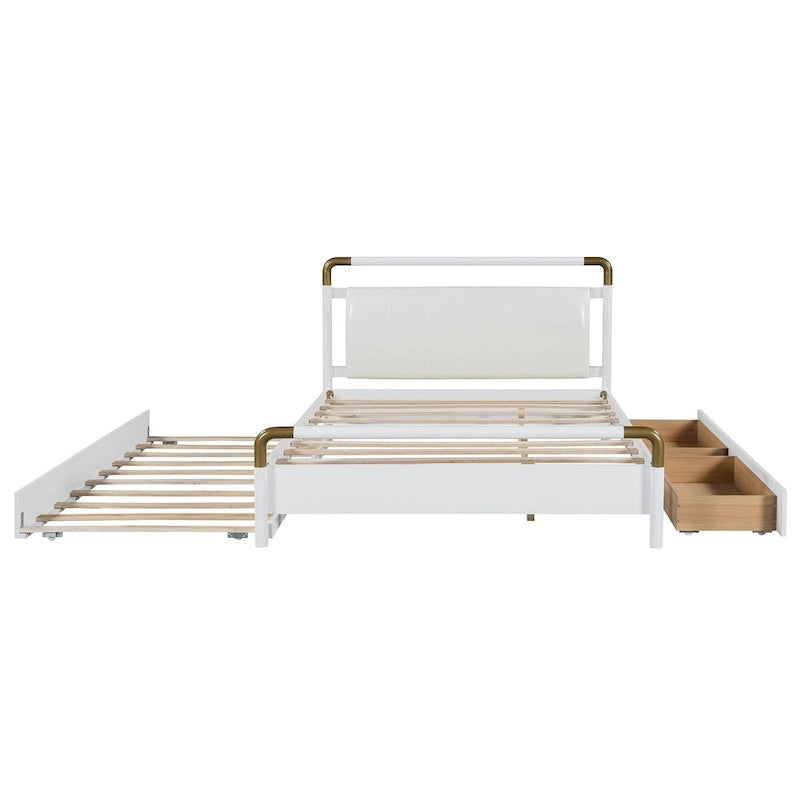 Cama Queen de plataforma con dosel blanco con cajones y nido doble, capacidad para 2 personas