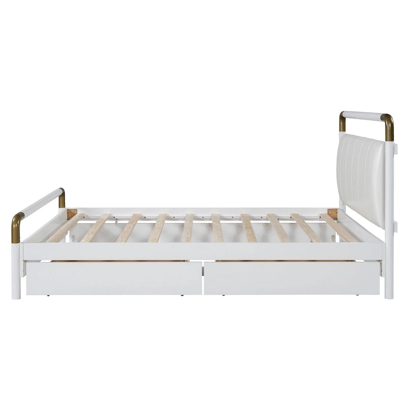 Cama Queen de plataforma con dosel blanco con cajones y nido doble, capacidad para 2 personas
