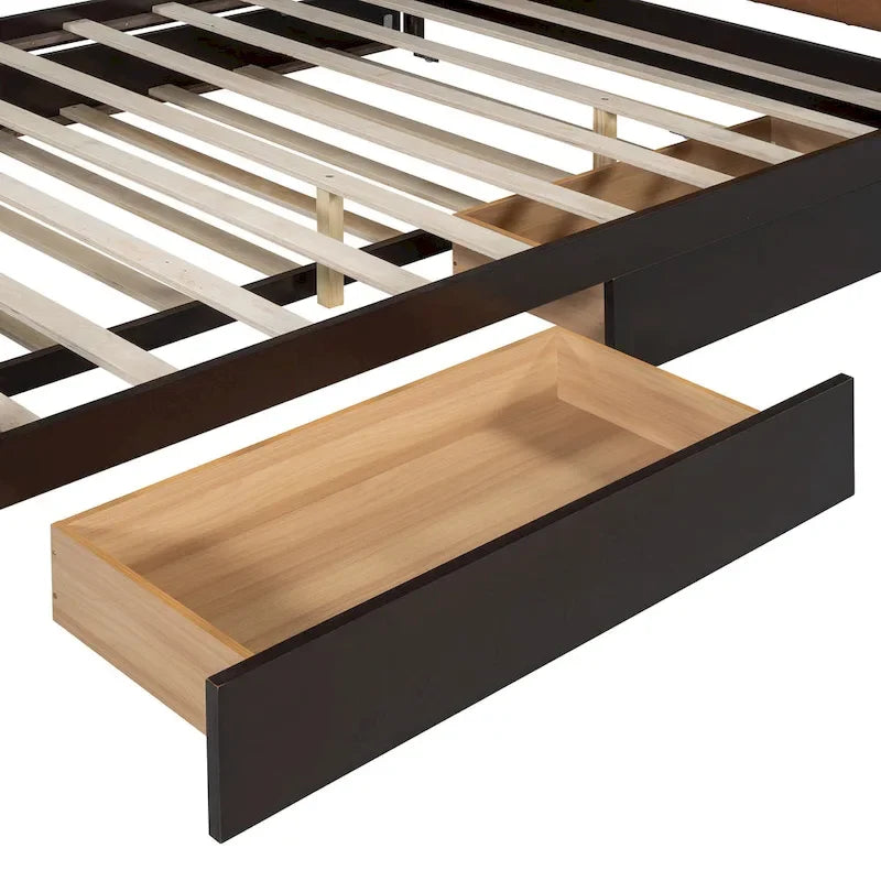 Cama Queen de plataforma con dosel blanco con cajones y nido doble, capacidad para 2 personas