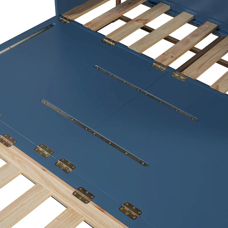Cama Queen Murphy con gabinete, blanco/gris/azul, para 2 personas, se pliega