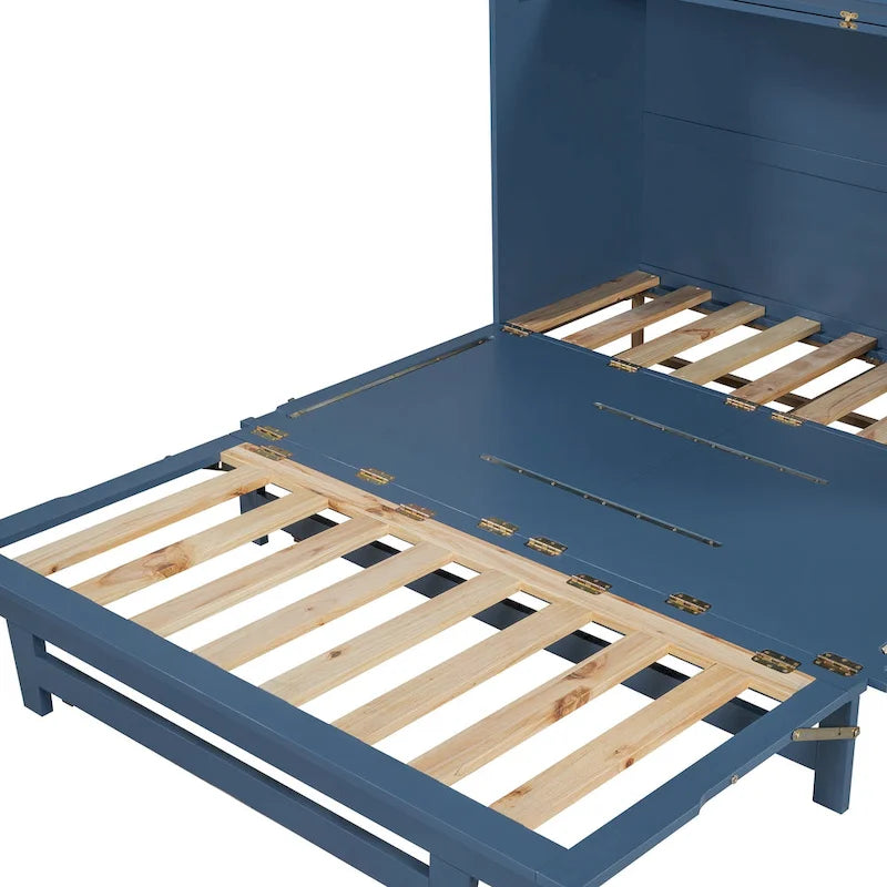 Cama Queen Murphy con gabinete, blanco/gris/azul, para 2 personas, se pliega