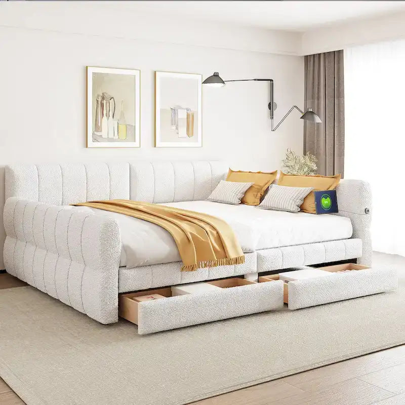 Cama plataforma Queen blanca con USB y 2 cajones, 2 personas