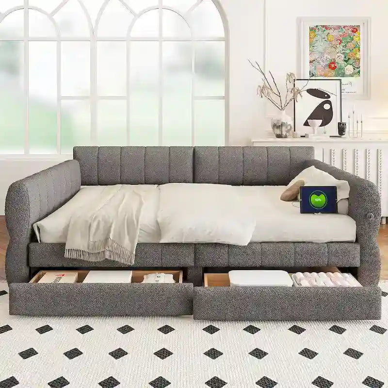 Cama plataforma Queen blanca con USB y 2 cajones, 2 personas