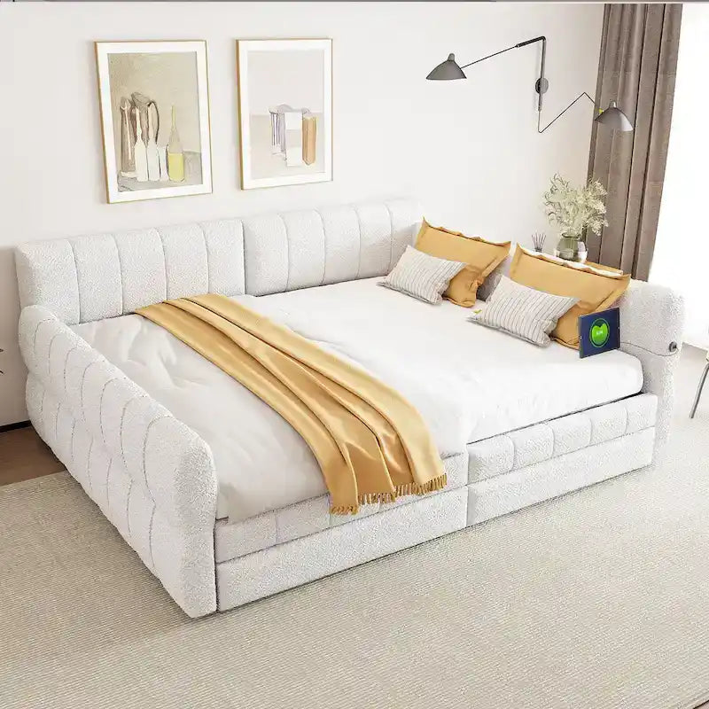 Cama plataforma Queen blanca con USB y 2 cajones, 2 personas