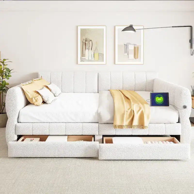 Cama plataforma Queen blanca con USB y 2 cajones, 2 personas