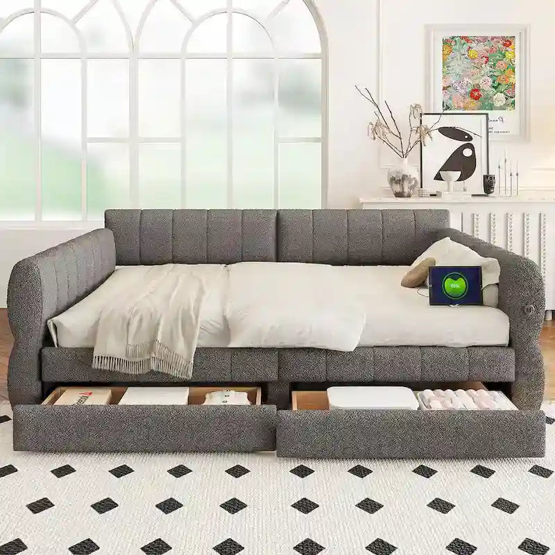 Cama plataforma Queen blanca con USB y 2 cajones, 2 personas