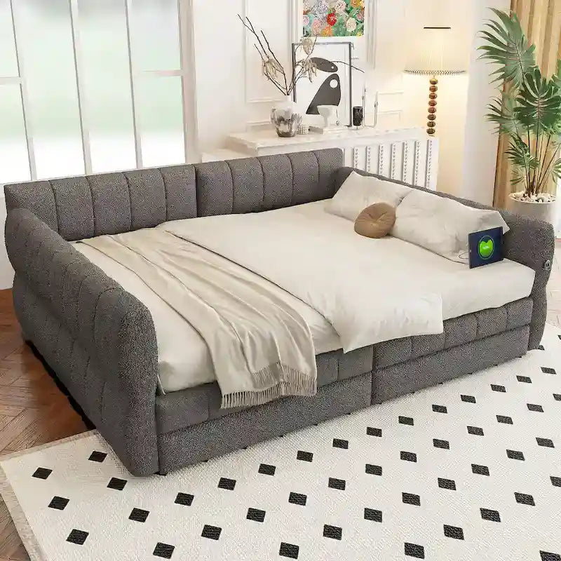 Cama plataforma Queen blanca con USB y 2 cajones, 2 personas