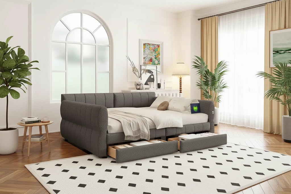 Cama plataforma Queen blanca con USB y 2 cajones, 2 personas