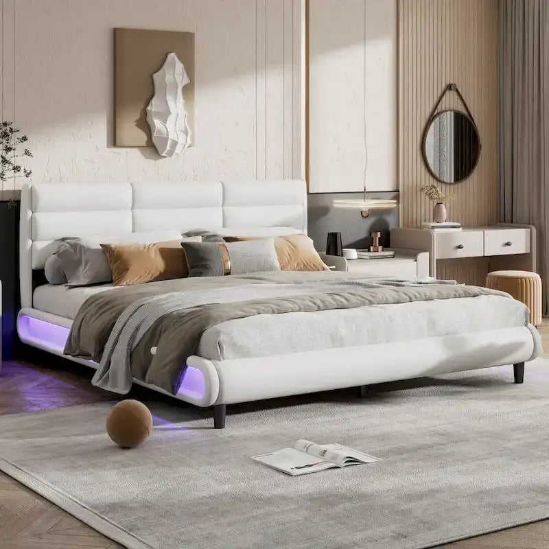 Cama de plataforma tapizada tamaño King beige con tiras LED, 2 personas