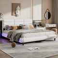 Cama de plataforma tapizada tamaño King beige con tiras LED, 2 personas