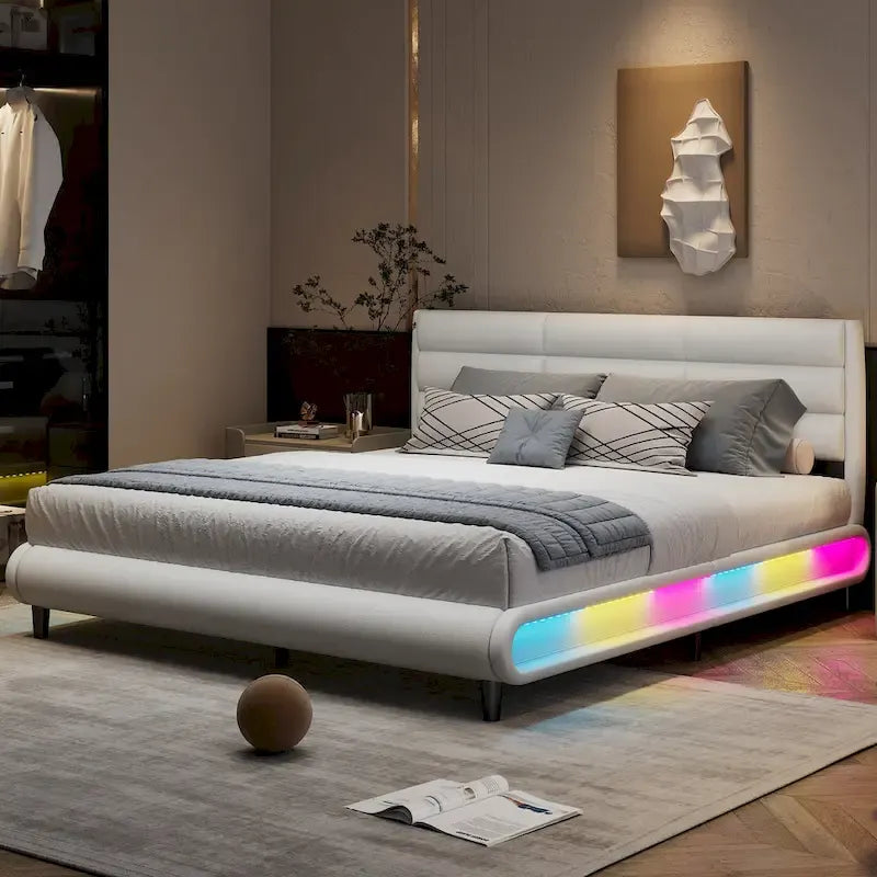 Cama de plataforma tapizada tamaño King beige con tiras LED, 2 personas