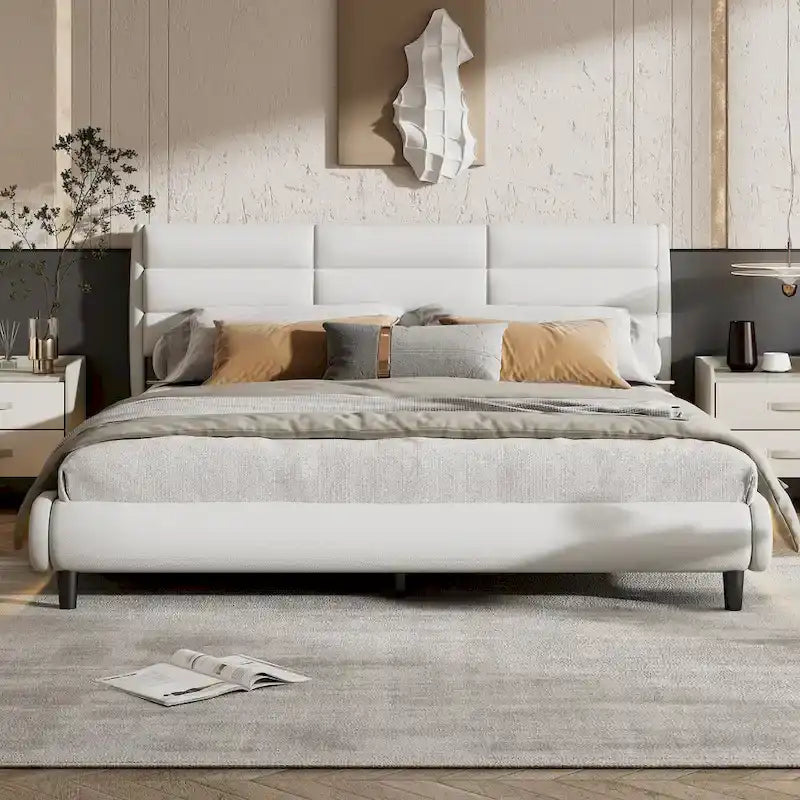 Cama de plataforma tapizada tamaño King beige con tiras LED, 2 personas