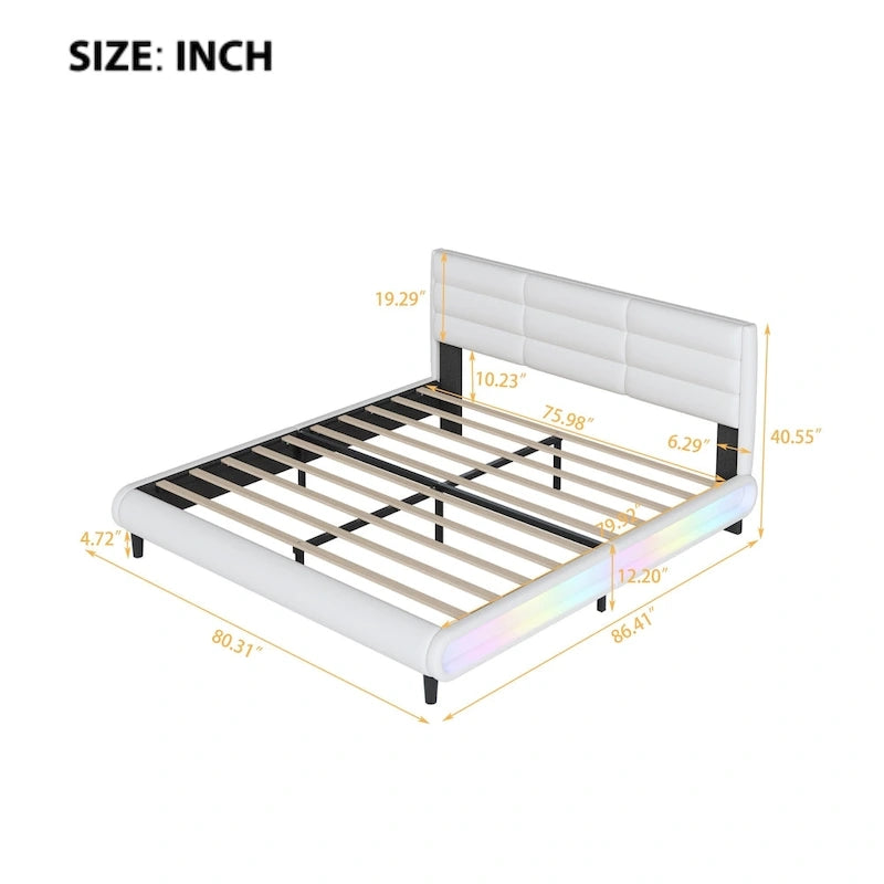 Cama de plataforma tapizada tamaño King beige con tiras LED, 2 personas